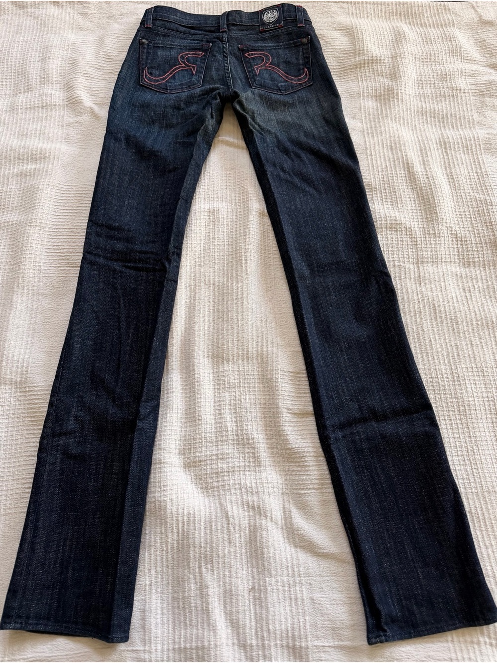 Y2K Rock & Republic Dark Blue Flare Jeans with Red Stitching